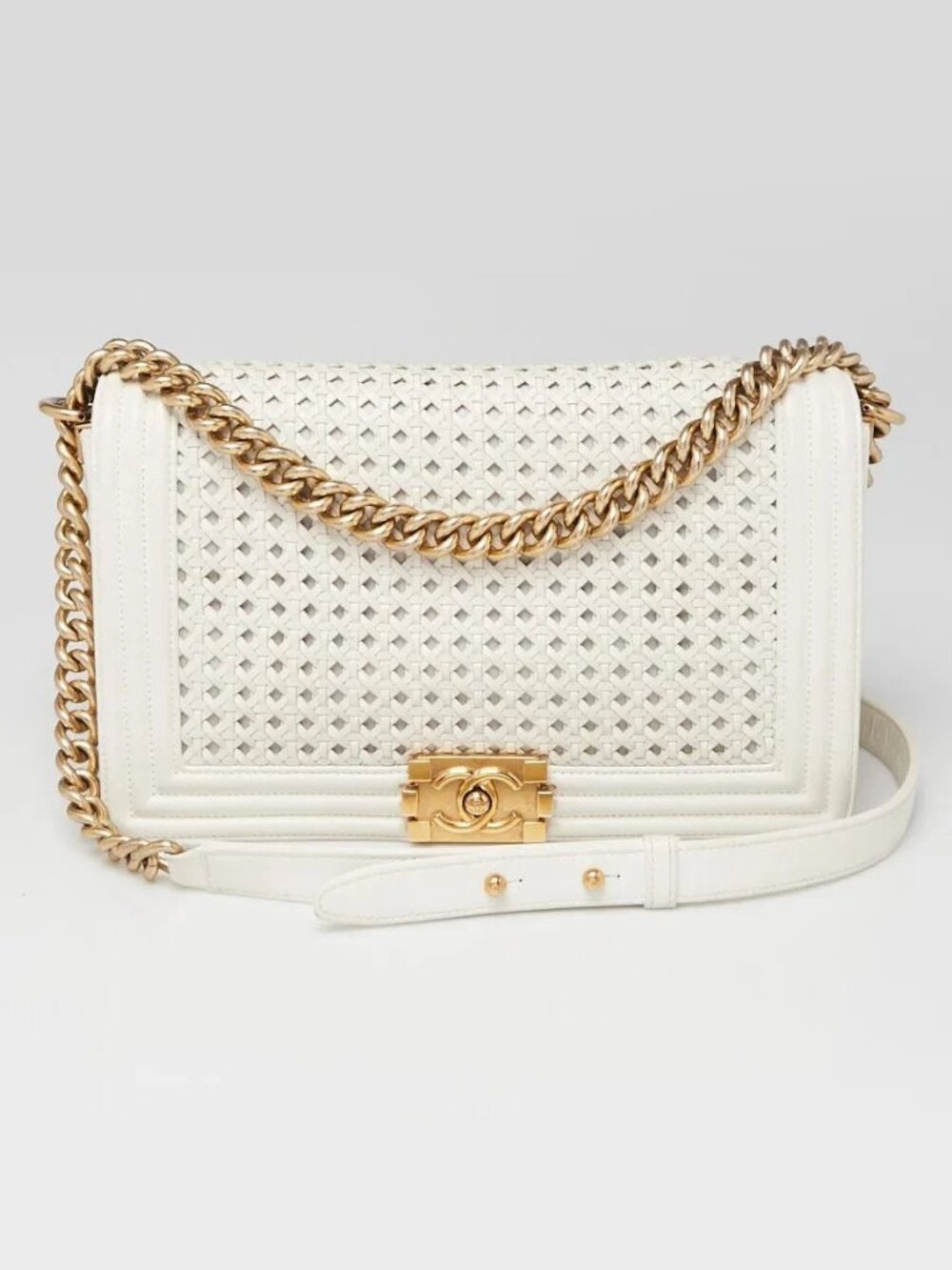 Chanel White Braided Sheepskin Leather Braided New Medium Boy Bag